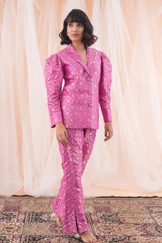 Magenta pink blazer with floral woven motifs. Paired with pant. - Aza Fashions Formal Silk Fitted Pant Set, Formal Fitted Silk Pant Set, Festive Pink Silk Pant Set, Feminine Festive Party Sets, Feminine Party Sets For Festive Occasions, Pink Fitted Traditional Pants, Designer Sets For Spring, Festive Fitted Silk Suit, Fitted Silk Suit For Festive Occasions