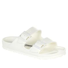 Birkenstock Arizona EVA Sandal - Metallic  Make a splash wearing this lightweight sandal. They're made with the Birkenstock contoured footbed you know and love, only it's all part of the waterproof EVA design. White Lightweight Slip-on Sandals, White Slip-resistant Sandals For Spring, White Slip-on Jelly Sandals For Beach, White Slip-resistant Slide Sandals, Slip-resistant Sandals For Spring Vacation, Adjustable Open Toe Jelly Sandals With Cushioned Footbed, White Slip-resistant Synthetic Sport Sandals, White Slip-on Footbed Sandals With Arch Support, Cushioned Footbed Synthetic Sandals For Beach