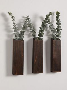 three wooden vases with plants in them