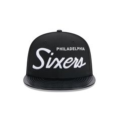 The Philadelphia 76ers Faux Leather Visor 9FIFTY Snapback features an embroidered 76ers wordmark at the front panels with an official NBA Logoman at the right-wear side, a gray undervisor, and a snapback closure at the rear. Big League Chew, Winnipeg Jets, All Nfl Teams, Side A, Tampa Bay Lightning, Miami Marlins, Atlanta Hawks, Vancouver Canucks, Philadelphia 76ers