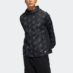 Men's adidas Full Print Sports Loose Hooded Jacket Black GP1825 Functional Black Hoodie For Running, Black Athleisure Nylon Hoodie, Black Nylon Athleisure Hoodie, Black Windproof Hoodie Athleisure, Casual Black Hoodie For Running, Winter Windproof Activewear For Running, Windproof Winter Activewear For Running, Hooded Nylon Running Outerwear, Winter Windproof Nylon Activewear