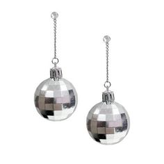 two silver christmas balls hanging from chains on a white background, one is shiny and the other is shiny