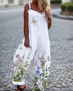 Lasaky - Cotton Linen Academy Vintage Print Sleeveless Jumpsuit with Loose Fit Women Jumpsuit Outfits, Style Désinvolte Chic, Style Casual Chic, Party Rompers, Loose Jumpsuit, Jumpsuit Outfit, Jumpsuit Pattern, Linen Jumpsuit, White Jumpsuit