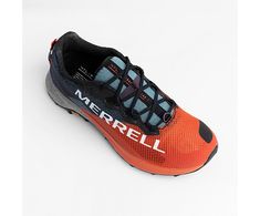 an orange and black shoe with the word merrellal on it's side