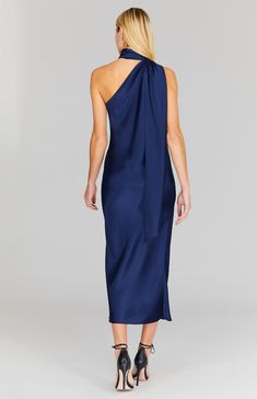 Our signature one shoulder bias cut dress with an attached scarf that can be worn loose down the back or wrapped gracefully around the neck. Cut in a flattering midi length with a clean baby hem finish. This dress is unlined and needs no closures thanks to the nature of bias cut fabric. Pre-draped Evening Dress With Tie Back, One Shoulder Pre-draped Bias Cut Dress, Pre-draped Bridesmaid Dress With Asymmetrical Neckline, Pre-draped One Shoulder Midi Dress For Dinner, Silk One Shoulder Dress With Bias Cut, One-shoulder Satin Maxi Dress For Dinner, Pre-draped One Shoulder Satin Midi Dress, Evening Draped Dress With Tie Back, Pre-draped One-shoulder Midi Dress For Dinner