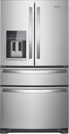 a silver refrigerator freezer sitting next to each other on top of a white background