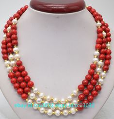 3 Rows Natural 7-8mm White Pearl & 8mm Red Coral Round Beads Necklace 17-19'' Item Description:   Style:Necklace   Quantity: 1 Pcs   Size: 7-8mm 8mm   Length:17-19"   &&&&: Sale the items does not include box       Payment Policy Payment Policy        We accept PayPal Please pay within 24 hours If no payment or contact is made with in 7 days item will be relisted. Thank YouPlease make sure the "Ship To" address you input in Paypal is correct.Items are shipped within 1-2 business days.Combine shi Red Round Beads Necklace For Valentine's Day, Red Necklaces With 8mm Beads For Jewelry Making, Red 8mm Bead Necklace, Red Round Beaded Necklaces For Valentine's Day, Elegant Beaded Necklaces For Valentine's Day, Valentine's Day Elegant Beaded Necklaces, Red Pearl Necklace With Gemstone Beads, Red Pearl Necklace With Polished Round Beads, Red Polished Pearl Necklace