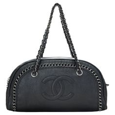 Chanel Black Bowling Bag Luxury Ligne Leather Lambskin Medium Satchel Two Woven Chain-link And Leather Handles Zip-around Closure Interior Zip And Two Slip Pockets Leather Leather Lining Gunmetal Hardware Made in France Black Designer Bags, Celebrity Bags, Leather Duffel Bag, Shoes Heels Classy, Gunmetal Hardware, Bowling Bag, Woven Chain, Travel Tote Bag, Back Bag