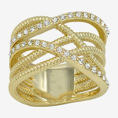 Ring Style: Bands, Crossover RingsFeatures: In A Gift Box, Nickel FreeStone Cut: RoundStone Millimeter Measurement: 1.3 Mm Length, 1.3 Mm WidthMetal Color: Gold ToneRing Gallery Height: 2.8mmRing Top Length: 22.6mmBand Width: 10.5mmCare: Wipe CleanStone Type: 35 Crystal, 1 Cubic ZirconiaMetal: 14k Gold Over BrassCountry of Origin: Imported Elegant Gold Diamond Ring, Gold Crystal Ring For Party, Fine Jewelry, Metal Ring With Diamond Accents, Gold Bling Ring Jewelry, Gold Rings With Bling, Formal Gold Diamond Ring, Gold Crystal Ring With Diamond Accents For Party, Metal Rings With Diamond Accents For Gift, Metal Rings With Diamond Accents As Gift