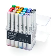 several markers in a clear container on a white background