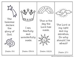 three bookmarks with the bible's symbols and words in black ink on white paper