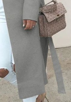 Fold-over Collar Belt Plain Long Sleeve Coats Casual Long Plain Outerwear, Gray Solid Color Outerwear For Spring, Gray Outerwear For Spring, Gray Belted Long Sleeve Outerwear, Chic Gray Solid Color Outerwear, Chic Plain Spring Outerwear, Plain Gray Fall Outerwear, Casual Long Belted Outerwear, Chic Gray Long Sleeve Outerwear