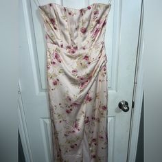 This Is A Beautiful ,Thick Silky, Light Pink Floral Dress. Never Worn And Tag Still On. It Is Strapless And Has The Inner Sticky Lining To Help Keep It Up. Feminine Strapless Maxi Dress With Ruched Bodice, Fitted Floral Print Midi Bridesmaid Dress, Fitted Floral Print Midi Dress For Bridesmaids, Fitted Floral Print Strapless Dress For Wedding, Fitted Strapless Dress With Floral Print For Wedding, Fitted Strapless Floral Print Dress For Wedding, Fitted Strapless Floral Maxi Dress, Strapless Dresses With Floral Print And Fitted Bodice, Feminine Strapless Maxi Dress For Bridesmaids