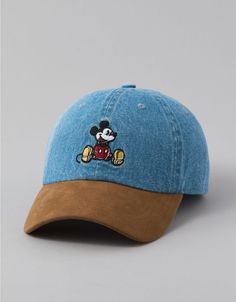 AE Mickey Mouse Denim Suede Baseball Hat Mens Mickey Ears Hat, Adjustable Denim Blue Hat, Denim Blue Adjustable Snapback Hat, Casual Blue Adjustable Baseball Cap, Casual Canvas Hat With Flat Bill, Adjustable Denim Cap, Adjustable Trendy Cotton Baseball Cap, Adjustable Medium Wash Snapback Hat, Brown Cotton Brimmed Baseball Cap