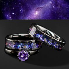 Nebula His and Her 3 Piece Real Meteorite Ring & Opal Ring Set Engagement Wedding Rings Blue and Purple Promise Ring Set FREE ENGRAVING - Etsy Damascus Ring For Women, Lgbtq Wedding Rings, Fantasy Themed Engagement Rings, 3 Piece Wedding Ring, Fire Opal Wedding Ring Set, Blue And Purple Wedding Rings, Engagement Rings That Fit Together, Hers And Hers Wedding Rings, Galaxy Ring Engagement