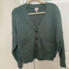 Cardigan From Target. Brand New, Never Wore. Xs Size But Can Easily Fit Girls Who Were Size S Casual Soft Knit Relaxed Fit Cardigan, Casual Soft Knit Cardigan With Relaxed Fit, Casual Oversized Green Cardigan, Trendy Green Cardigan With Pockets, Trendy Green Sweater With Pockets, Trendy Fall Sweater For Weekend, Trendy Fall Weekend Sweater, Green Button-up Cardigan With Pockets, Cozy Green Button-up Cardigan