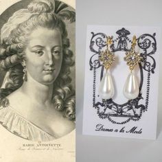 "When I came across the 1787 engraving of Marie Antoinette, I was so excited to be able to recreate her lovely earrings! These little clusters are small but since they are made with Swarovski crystals they pack a lot of sparkle. Paired with a glass pearl in a snowy white tone. Shown here in Gold plate, but also available in Silver, Antique Gold, or Antique Silver. Hanging about 2\" long (including the hook) these are a lovely large size. Dames a la Mode is inspired by history! See more of my Geo Gold Earrings With Historical Design For Wedding, Ornate Historical Wedding Earrings, Ornate Historical Design Earrings For Wedding, Antique Wedding Earrings With Historical Design, Historical Design Earrings For Wedding, Victorian Pearl Earrings For Wedding, Elegant Historical Drop Earrings, Elegant Historical Design Drop Earrings, Vintage Pearl Drop Bridal Earrings As Gift