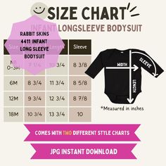 INSTANT DIGITAL DOWNLOAD ** Download available after purchase, NO physical item will be sent** Add to your shops listings this 4411 Infant Long Sleeve Bodysuit size chart. This size chart shows the width, length, and sleeve measured in inches.  This chart will be helpful for shoppers and draw in more sales to your business. YOU WILL RECEIVE: ▸ 2 (two) high-resolution JPG files, containing your 4411 Infant Long Sleeve Bodysuit size chart (1 (one) size chart with brand of shirt,1 (one) size chart Style Chart, Baby Logo, Long Sleeve Bodysuit, Business Logo, Flat Lay, Baby Fashion, Digital Files, Physics, Size Chart