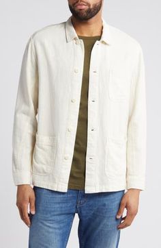 This airy cotton-and-linen shirt jacket is the lightweight layer you need to look put-together when the temps soar. 28" length; 45" chest (size Medium) Front button closure Spread collar Long sleeves with button cuffs Chest patch pocket; front patch pockets 74% cotton, 26% linen Hand wash, line dry Imported White Casual Shacket For Work, Casual White Shacket For Work, White Linen Outerwear With Pockets, White Collared Shacket With Relaxed Fit, White Cotton Shacket For Work, Casual White Outerwear With Spread Collar, Cotton Button-up Outerwear For Daywear, White Collared Shacket For Everyday, White Single Breasted Relaxed Fit Outerwear