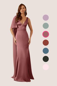 a woman in a long pink dress standing next to color swatches and the colors