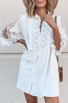 US$ 41.95 - Women's Sweet Lace Tuff Sleeve White Dress - www.streetally.com Summer Mini Dresses With Lace Sleeves, Summer Mini Dress With Lace Sleeves, Summer Mini Dress With Lace Sleeves For Brunch, Summer Brunch Mini Dress With Lace Sleeves, Casual V-neck Dress With Lace Patchwork, Casual Long Sleeve Dress With Lace Patchwork, Long Sleeve Dresses With Lace Trim For Brunch, Shift Dress For Summer Brunch, Flowy Lace Patchwork Beach Dresses