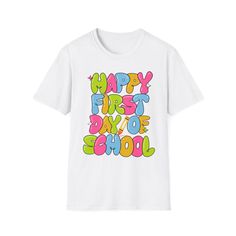 Get ready for back-to-school with our trendy school shirts! Perfect for teachers, girls, boys, men, women, and kids, our collection has something for everyone. Celebrate a happy first day of school in style! The unisex soft-style t-shirt puts a new spin on casual comfort. Made from very soft materials, this tee is 100% cotton for solid colors. Heather colors and sports grey include polyester. The shoulders have twill tape for improved durability. There are no side seams. The collar is made with ribbed knitting to prevent curling damage.  .: Made with 100% ring-spun cotton, a lightweight fabric (4.5 oz/yd² (153 g/m this unisex t-shirt feels like a bliss to wear all year round.  .: The classic fit with the crew neckline deliver a clean, versatile style that can match any occasion, whether it Playful T-shirt For Back To School, Casual Letter Print T-shirt For School Events, Funny T-shirt With Text For Back To School, Multicolor Letter Print T-shirt For School Events, Playful Funny Print T-shirt For School, Fun T-shirt With Text Print For Back To School, Funny T-shirt For End Of School Year, Funny Teacher Appreciation T-shirt For Back To School, School Spirit T-shirt With Text Print For School Events