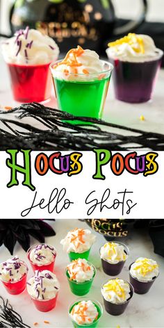 Hocus Pocus Jello Shots on a table Halloween Witch Jello Shots, Witchy Jello Shots, Halloween Watch Party Ideas, Hocus Pocus Jello Shots, Haunted House Warming Party, Easy Halloween Jello Shots, Jello Halloween Ideas For Kids, Easy Hocus Pocus Snacks, Halloween House Warming Party Ideas