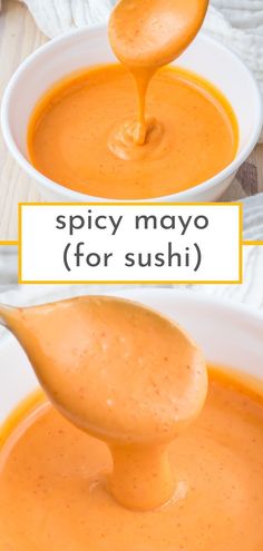 a spoon full of orange sauce with the words spicy mayo for sushi