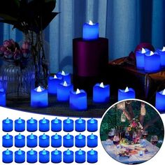 the blue candles are lit up and ready to be used