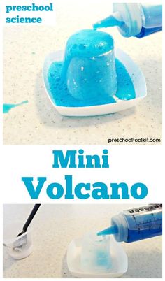 the instructions for how to make mini volcanos with blue liquid and toothbrushes