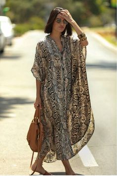 Hot & trendy button-down dress with pockets. Wear it with a belt, or at the beach over your bathing suit. Python print pattern. One size. Length 135cm/53in, Shoulder width: 89cm/35in, Bust: 130cm/51in (button adjustable). Swimsuit Coverups Kimono, Striped Beach Dress, Moda Hippie, Sarong Dress, Summer Beach Dress, Beach Coverup Dress, Outfit Trends, Beach Wear Dresses, Print Swimsuit