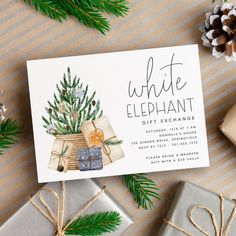 a christmas card that says white elephant gift exchange with presents wrapped in twine and pine cones