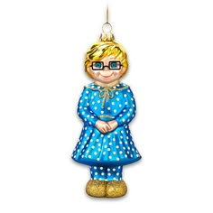 a blue and white ornament with a blonde haired girl wearing glasses on it's head