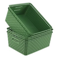 two green baskets sitting side by side