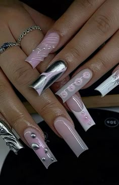 Unique Birthday Nails, Pink And Grey Nails Designs, Gray Nails Design, Grey Nails Design, Grey Acrylic Nails, Silver Nail Designs, Grey Nail Designs, Long Acrylic Nail Designs