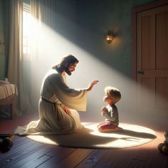 a child sitting on the floor with jesus in front of him and light coming from behind them