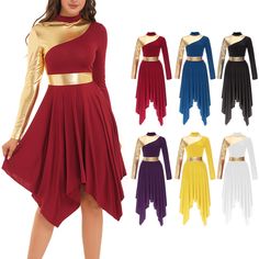 women's long sleeved dress with gold trimmings and high low - low hem