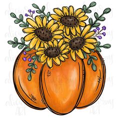 an orange pumpkin with sunflowers in it