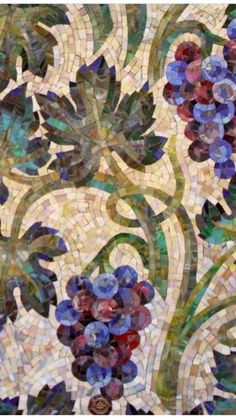 an artistic mosaic design with blue flowers and leaves on the bottom, in shades of purple