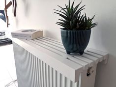 a potted plant sitting on top of a radiator next to a book