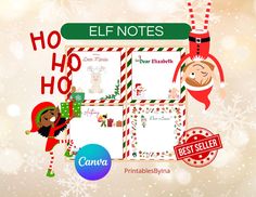 the elf notes are on display in front of snowflakes and christmas decorations,