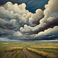 an oil painting of clouds over a green field with dirt road in the foreground