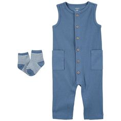 He'll love exploring in the handsome style of this Carter's jumpsuit and socks set. Click on the BABY PRODUCTS & CLOTHES GUIDE to find everything you need to keep your baby healthy and happy!FEATURES 2-piece set includes: jumpsuit & socks Jumpsuit: button front, sleeveless, inseam snaps, functional pocketsFABRIC & CARE Cotton, polyester, elastane, elastodiene Machine wash Imported Size: Newborn. Color: Blue Solid. Gender: male. Age Group: kids. 2 Piece Jumpsuit, Carters Size Chart, Handsome Style, Carters Baby Boys, Baby Girl Outfits Newborn, Carters Baby, Baby Sets, Baby Girl Clothes, Outfit Sets