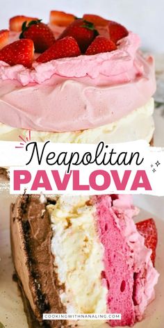 two different types of cake on plates with the words neapolian pavlova