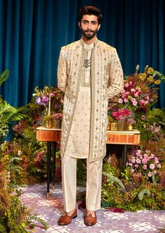 Papa Don'T Preach By Shubhika-Gabriel Ivory Sherwani And Kurta Set-INDIASPOPUP.COM Ivory Sherwani, Mansions Interior, Luxury Mansions, Metal Embellishments, Indian Men, Shirt Jacket Men, Plain Pants, Vogue India, Tarun Tahiliani