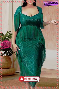 Green Elegant Solid Tassel Sequins Patchwork Square Collar Evening Dress Plus Size Dresses Party Midi Length Patchwork Dresses, Midi Length Patchwork Dress For Party, Patchwork Midi Dresses For Party, Elegant Green Patchwork Dress, Knee-length Evening Dresses With Tassels, Green Fringe Party Dress, Knee-length Party Dress With Tassels, Knee-length Tasseled Party Dress, Knee-length Tassel Dress For Party