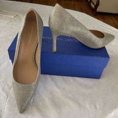 New In Box/New With Tags - Never Been Worn. Stuart Weitzman Pointed Toe Pumps In Sparkle Noir. Size 39/8.5 Fitted Silver Wedding Shoes With 4-inch Heel, Silver Low Heel Court Shoes For Evening, Silver Pointed Toe Court Shoes, Silver Fitted High Heel Court Shoes, Silver Court Shoes With Low Heel For Evening, Silver Almond Toe Court Shoes For Evening, Silver Formal Court Shoes With Branded Heel, Elegant Silver Court Shoes With 4-inch Heel, Silver High Heel Court Shoes With Medium Width