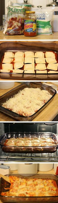 three different views of food cooking in the oven