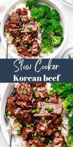 slow cooker korean beef with broccoli and rice in a bowl on a table