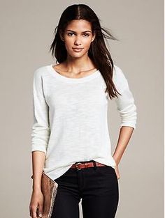 Ribbed Linen Pullover - Sweaters Casual Stretch Long Sleeve Top For Work, White 3/4 Sleeve Tops For Layering, Fall Long Sleeve Top With Ribbed Neckline, Long Sleeve Top With Ribbed Neckline For Fall, Fall Sweater With 3/4 Sleeve For Workwear, Fall 3/4 Sleeve Sweater For Workwear, Fall Workwear Sweater With 3/4 Sleeve, Chic Relaxed Fit Long Sleeve Top For Layering, Chic Long Sleeve Top With Relaxed Fit For Layering